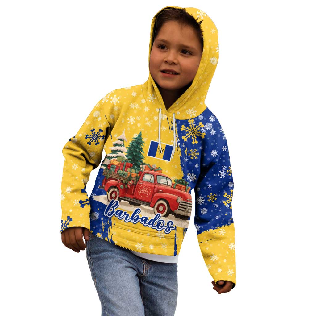 Barbados Christmas Kid Hoodie with Blue Yellow Xmas Snowflakes Red Truck and Coat of Arms - Wonder Print Shop