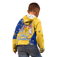 Barbados Christmas Kid Hoodie with Blue Yellow Xmas Snowflakes Red Truck and Coat of Arms - Wonder Print Shop