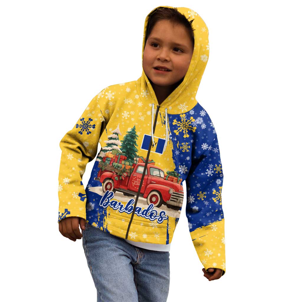 Barbados Christmas Kid Hoodie with Blue Yellow Xmas Snowflakes Red Truck and Coat of Arms - Wonder Print Shop