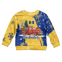 Barbados Christmas Kid Ugly Christmas Sweater with Blue Yellow Xmas Snowflakes Red Truck and Coat of Arms - Wonder Print Shop