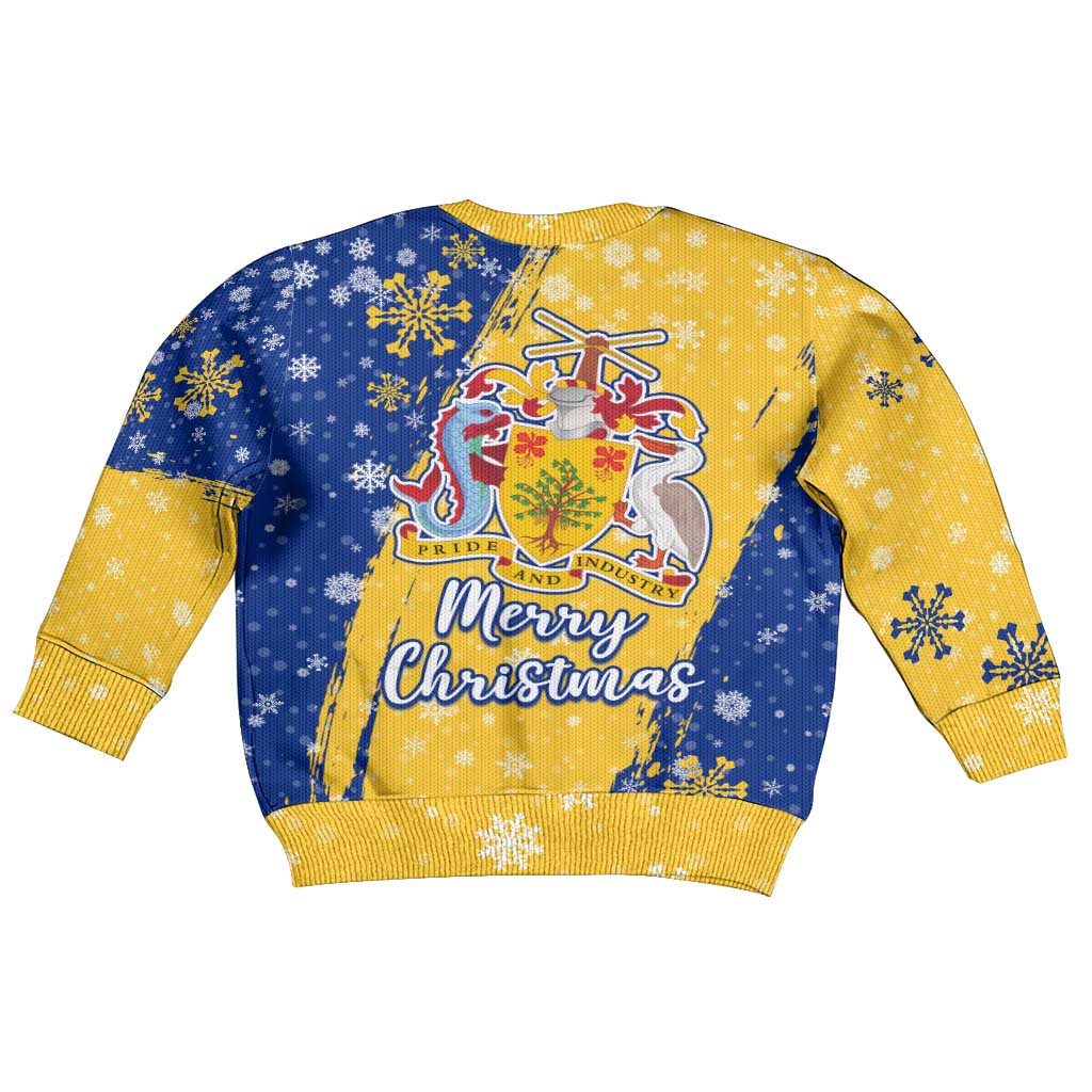 Barbados Christmas Kid Ugly Christmas Sweater with Blue Yellow Xmas Snowflakes Red Truck and Coat of Arms - Wonder Print Shop