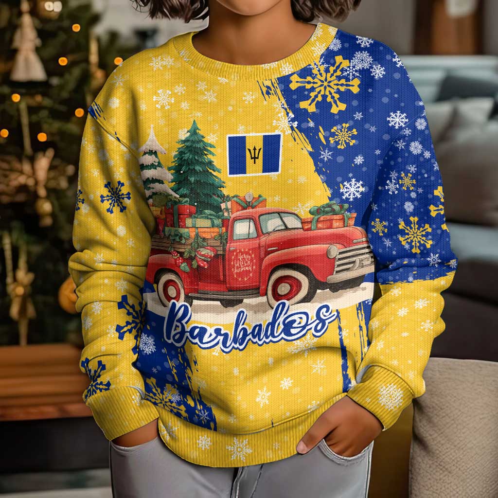Barbados Christmas Kid Ugly Christmas Sweater with Blue Yellow Xmas Snowflakes Red Truck and Coat of Arms - Wonder Print Shop