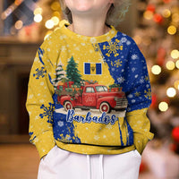 Barbados Christmas Kid Ugly Christmas Sweater with Blue Yellow Xmas Snowflakes Red Truck and Coat of Arms - Wonder Print Shop