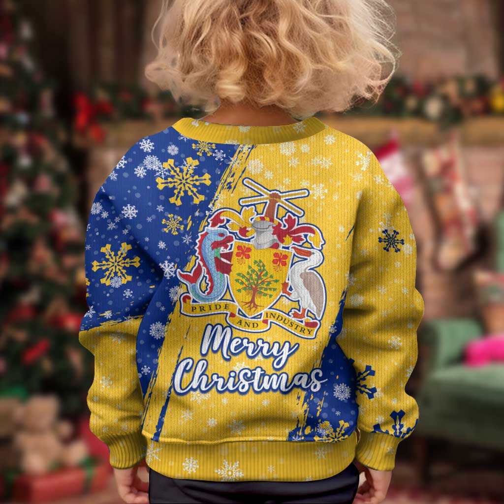 Barbados Christmas Kid Ugly Christmas Sweater with Blue Yellow Xmas Snowflakes Red Truck and Coat of Arms - Wonder Print Shop