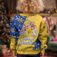 Barbados Christmas Kid Ugly Christmas Sweater with Blue Yellow Xmas Snowflakes Red Truck and Coat of Arms - Wonder Print Shop