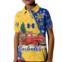 Barbados Christmas Kid Polo Shirt with Blue Yellow Xmas Snowflakes Red Truck and Coat of Arms - Wonder Print Shop