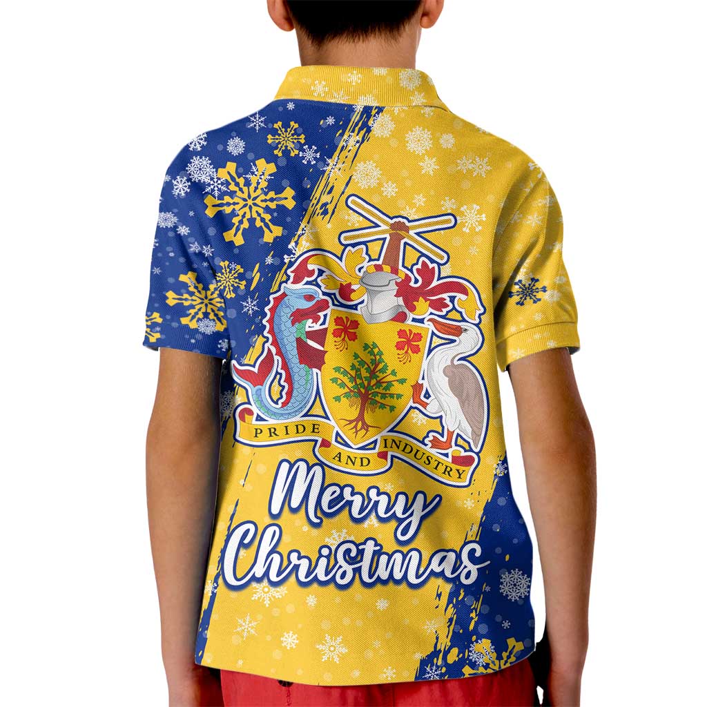 Barbados Christmas Kid Polo Shirt with Blue Yellow Xmas Snowflakes Red Truck and Coat of Arms - Wonder Print Shop