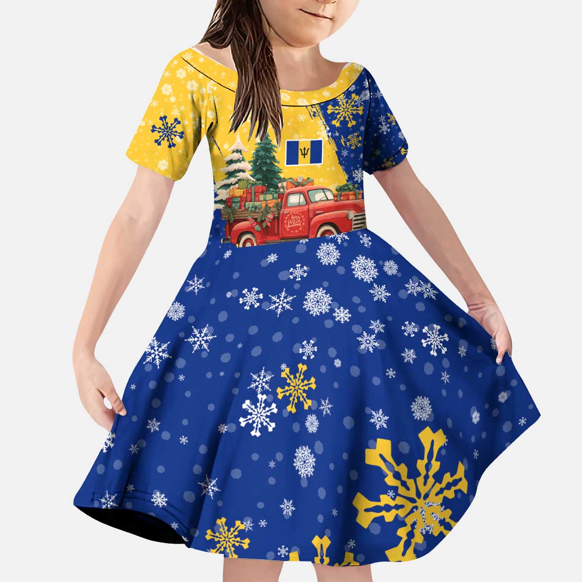 Barbados Christmas Kid Short Sleeve Dress with Blue Yellow Xmas Snowflakes Red Truck and Coat of Arms - Wonder Print Shop
