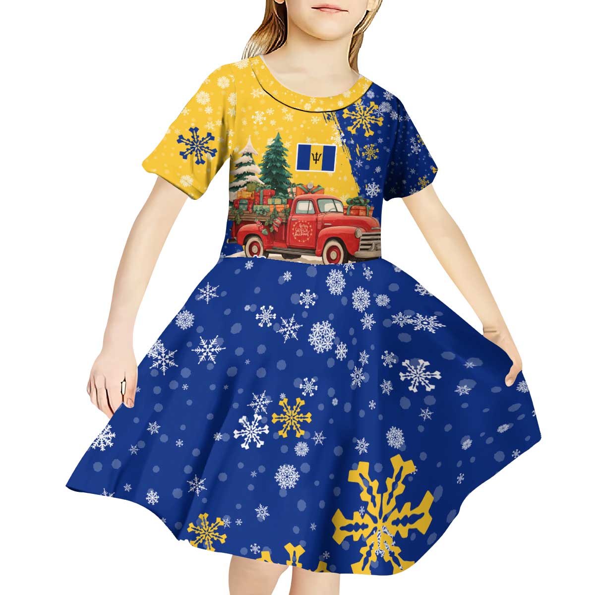 Barbados Christmas Kid Short Sleeve Dress with Blue Yellow Xmas Snowflakes Red Truck and Coat of Arms - Wonder Print Shop