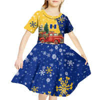 Barbados Christmas Kid Short Sleeve Dress with Blue Yellow Xmas Snowflakes Red Truck and Coat of Arms - Wonder Print Shop