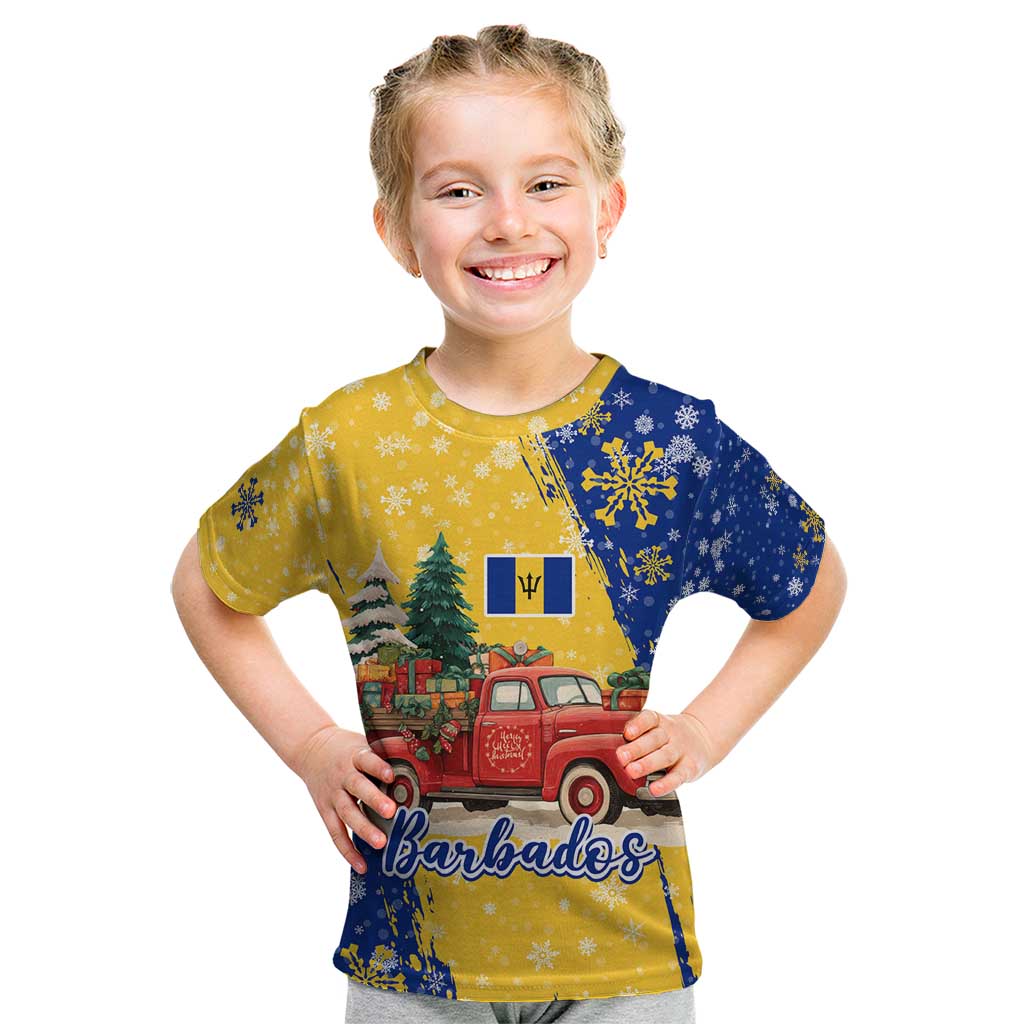 Barbados Christmas Kid T Shirt with Blue Yellow Xmas Snowflakes Red Truck and Coat of Arms - Wonder Print Shop