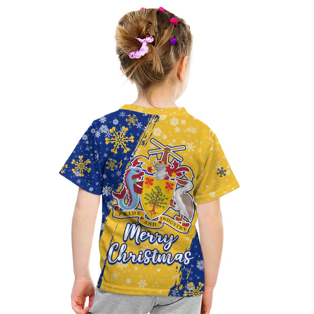 Barbados Christmas Kid T Shirt with Blue Yellow Xmas Snowflakes Red Truck and Coat of Arms - Wonder Print Shop