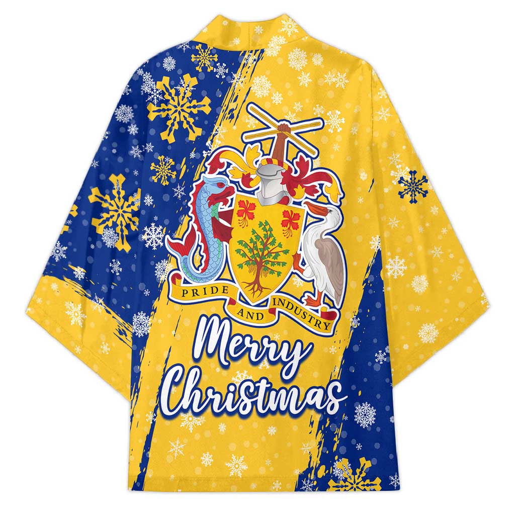Barbados Christmas Kimono with Blue Yellow Xmas Snowflakes Red Truck and Coat of Arms - Wonder Print Shop