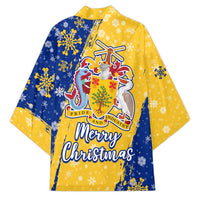 Barbados Christmas Kimono with Blue Yellow Xmas Snowflakes Red Truck and Coat of Arms - Wonder Print Shop