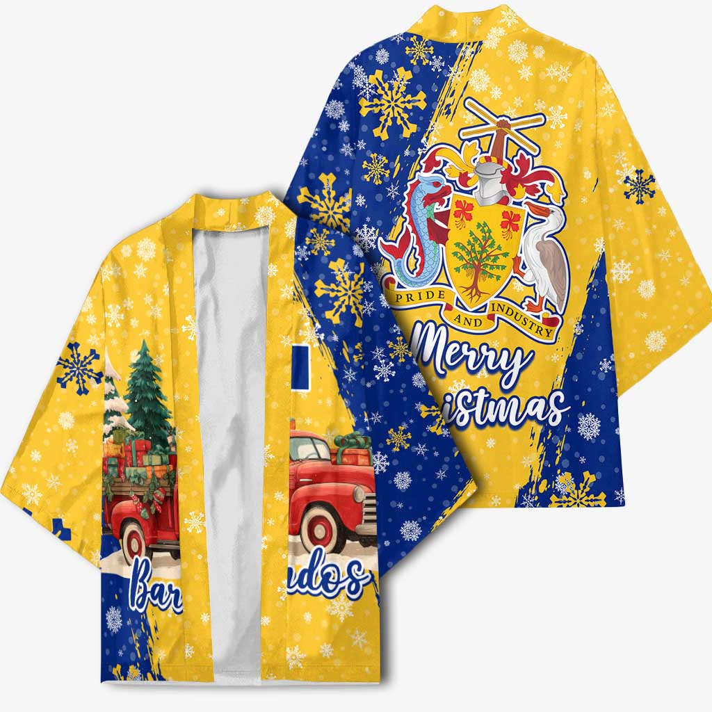 Barbados Christmas Kimono with Blue Yellow Xmas Snowflakes Red Truck and Coat of Arms - Wonder Print Shop