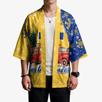 Barbados Christmas Kimono with Blue Yellow Xmas Snowflakes Red Truck and Coat of Arms - Wonder Print Shop