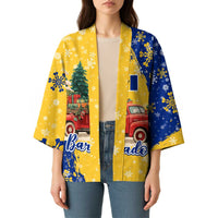 Barbados Christmas Kimono with Blue Yellow Xmas Snowflakes Red Truck and Coat of Arms - Wonder Print Shop