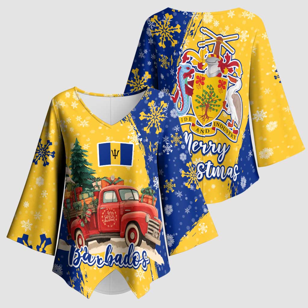 Barbados Christmas Kimono Sleeve Blouse with Blue Yellow Xmas Snowflakes Red Truck and Coat of Arms - Wonder Print Shop