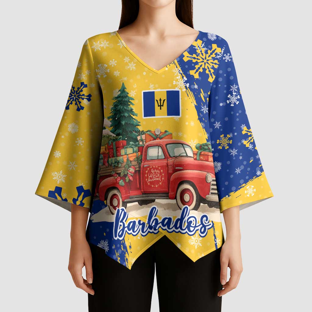 Barbados Christmas Kimono Sleeve Blouse with Blue Yellow Xmas Snowflakes Red Truck and Coat of Arms - Wonder Print Shop