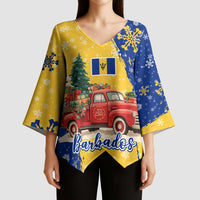 Barbados Christmas Kimono Sleeve Blouse with Blue Yellow Xmas Snowflakes Red Truck and Coat of Arms - Wonder Print Shop