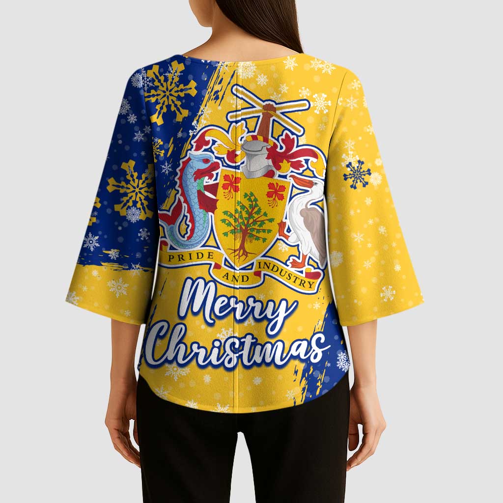 Barbados Christmas Kimono Sleeve Blouse with Blue Yellow Xmas Snowflakes Red Truck and Coat of Arms - Wonder Print Shop