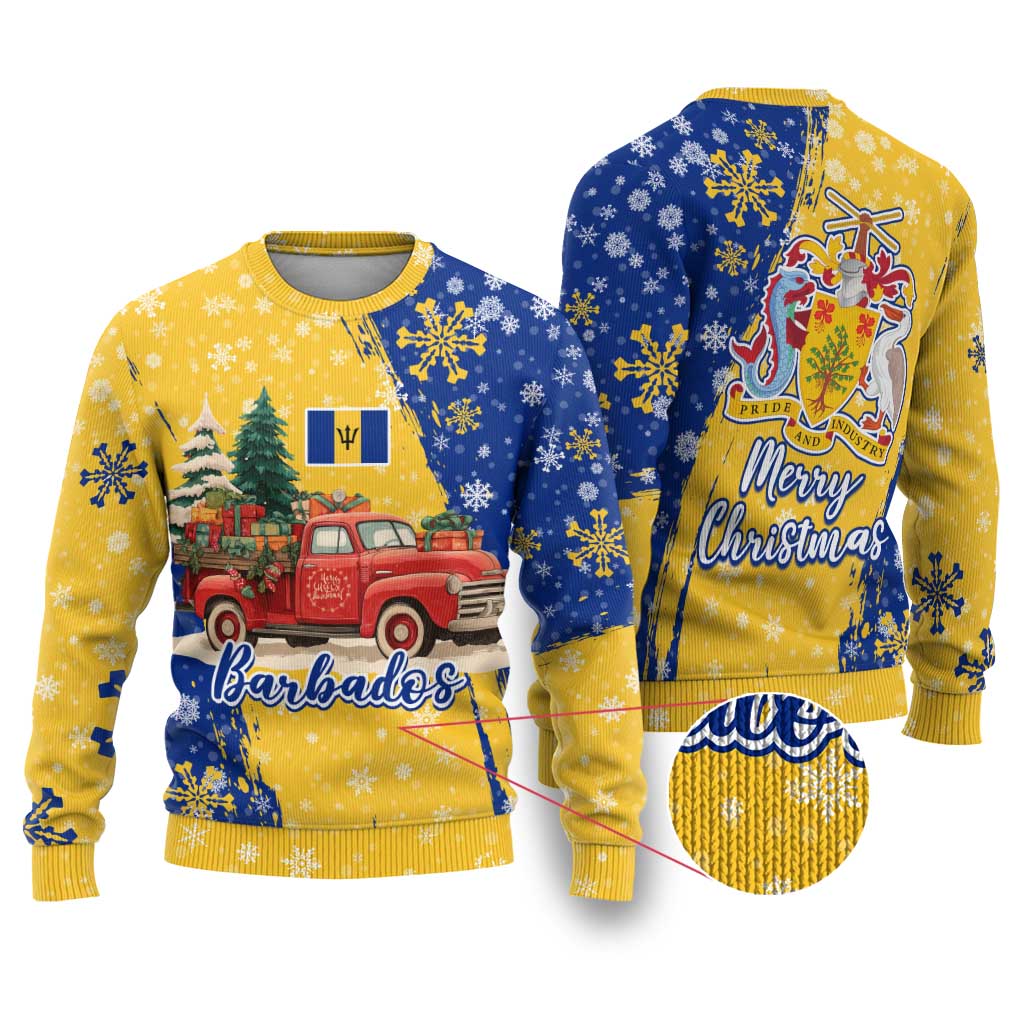Barbados Christmas Ugly Christmas Sweater with Blue Yellow Xmas Snowflakes Red Truck and Coat of Arms - Wonder Print Shop