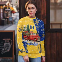 Barbados Christmas Ugly Christmas Sweater with Blue Yellow Xmas Snowflakes Red Truck and Coat of Arms - Wonder Print Shop