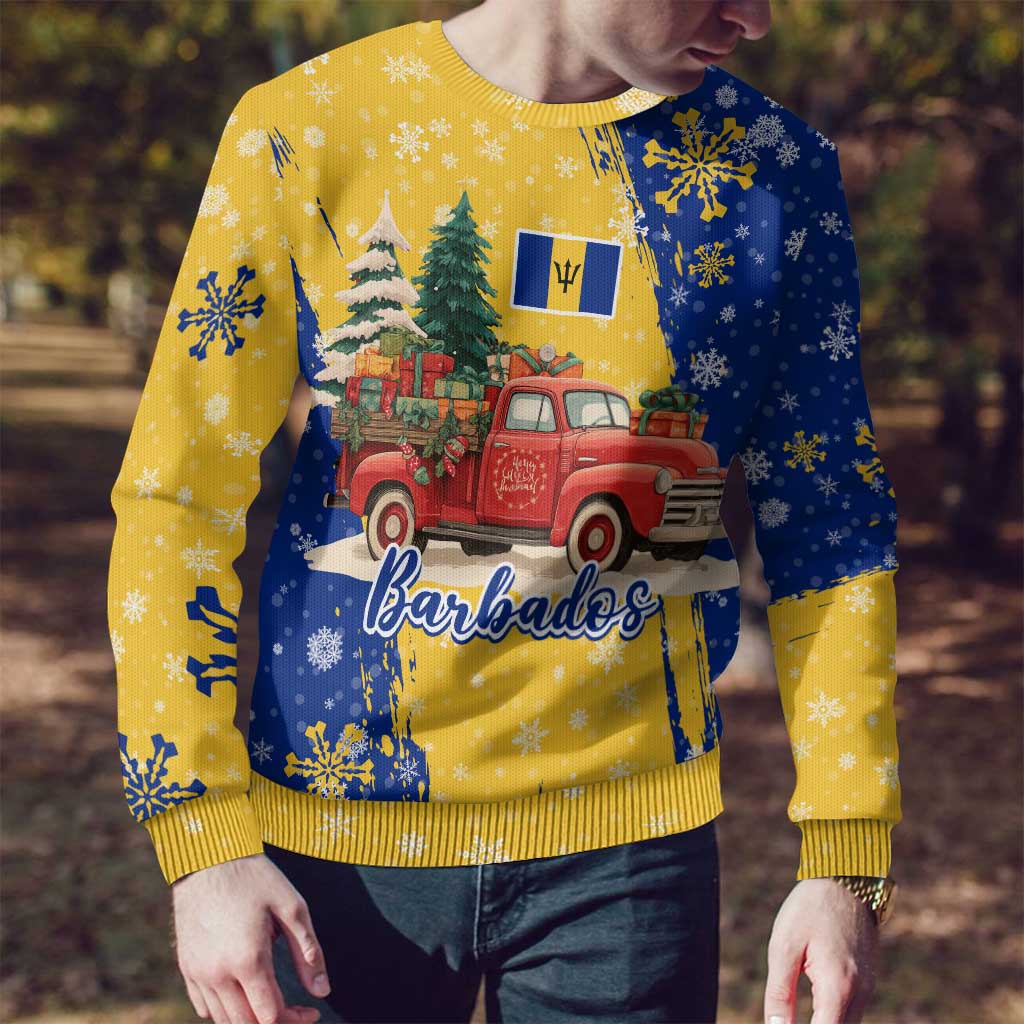 Barbados Christmas Ugly Christmas Sweater with Blue Yellow Xmas Snowflakes Red Truck and Coat of Arms - Wonder Print Shop