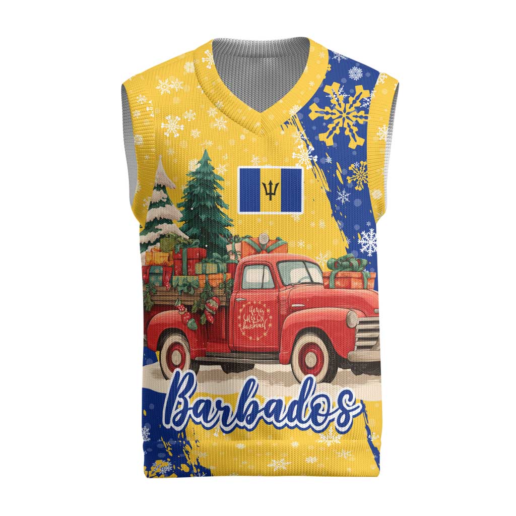 Barbados Christmas Knitted V-Neck Vest with Blue Yellow Xmas Snowflakes Red Truck and Coat of Arms - Wonder Print Shop
