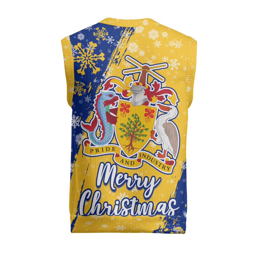 Barbados Christmas Knitted V-Neck Vest with Blue Yellow Xmas Snowflakes Red Truck and Coat of Arms - Wonder Print Shop