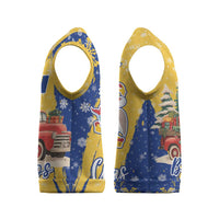 Barbados Christmas Knitted V-Neck Vest with Blue Yellow Xmas Snowflakes Red Truck and Coat of Arms - Wonder Print Shop