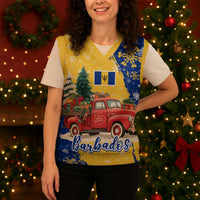 Barbados Christmas Knitted V-Neck Vest with Blue Yellow Xmas Snowflakes Red Truck and Coat of Arms - Wonder Print Shop
