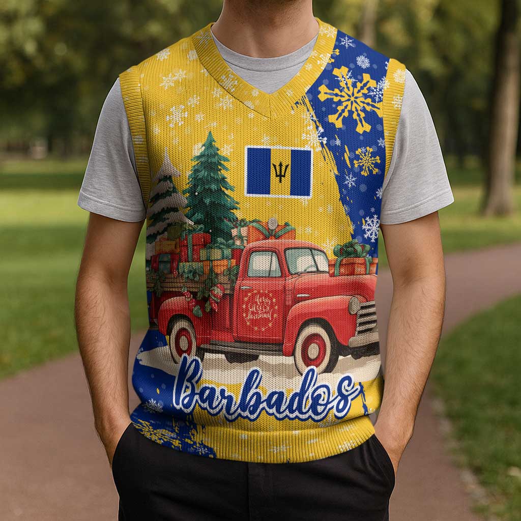 Barbados Christmas Knitted V-Neck Vest with Blue Yellow Xmas Snowflakes Red Truck and Coat of Arms - Wonder Print Shop