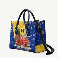 Barbados Christmas Leather Bag with Blue Yellow Xmas Snowflakes Red Truck and Coat of Arms - Wonder Print Shop