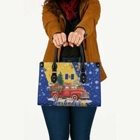 Barbados Christmas Leather Bag with Blue Yellow Xmas Snowflakes Red Truck and Coat of Arms - Wonder Print Shop