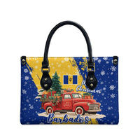 Barbados Christmas Leather Bag with Blue Yellow Xmas Snowflakes Red Truck and Coat of Arms - Wonder Print Shop
