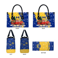 Barbados Christmas Leather Bag with Blue Yellow Xmas Snowflakes Red Truck and Coat of Arms - Wonder Print Shop