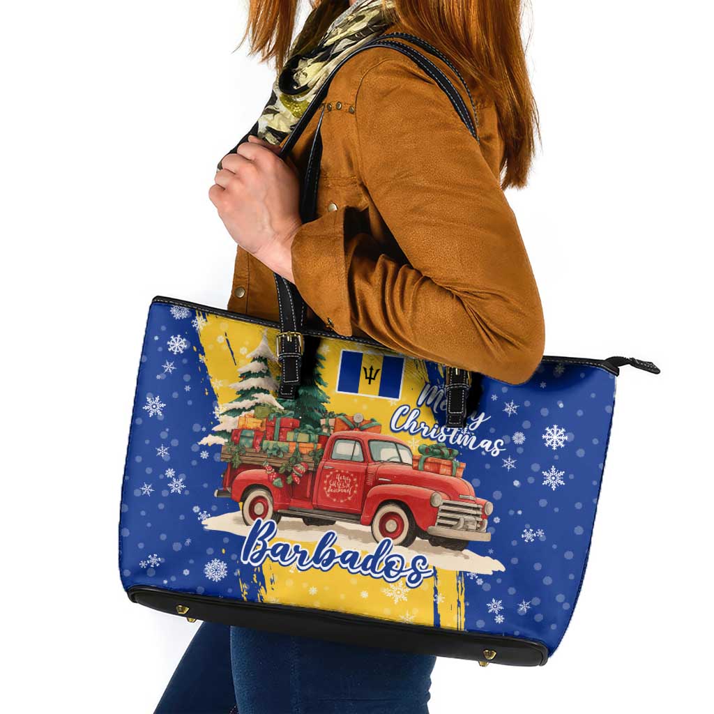 Barbados Christmas Leather Tote Bag with Blue Yellow Xmas Snowflakes Red Truck and Coat of Arms - Wonder Print Shop