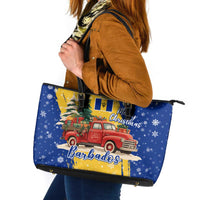 Barbados Christmas Leather Tote Bag with Blue Yellow Xmas Snowflakes Red Truck and Coat of Arms - Wonder Print Shop