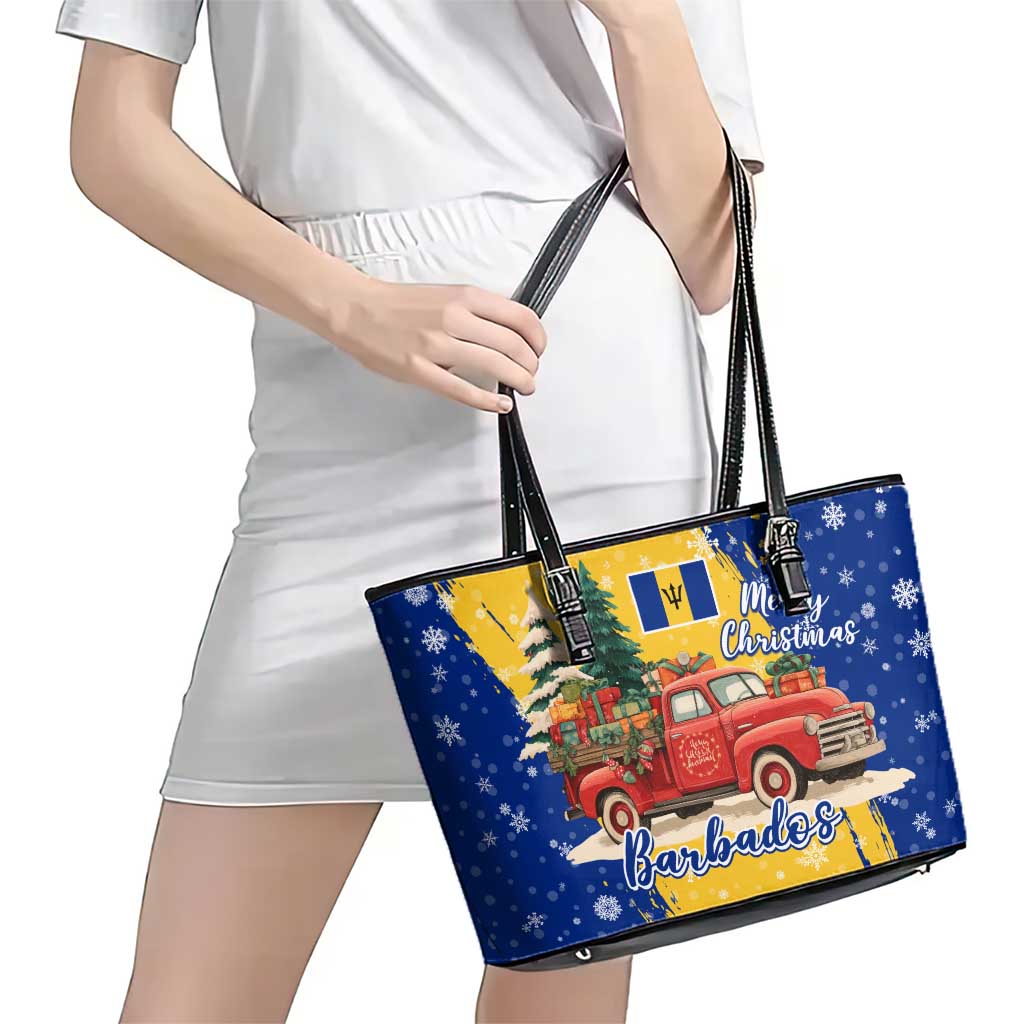 Barbados Christmas Leather Tote Bag with Blue Yellow Xmas Snowflakes Red Truck and Coat of Arms - Wonder Print Shop
