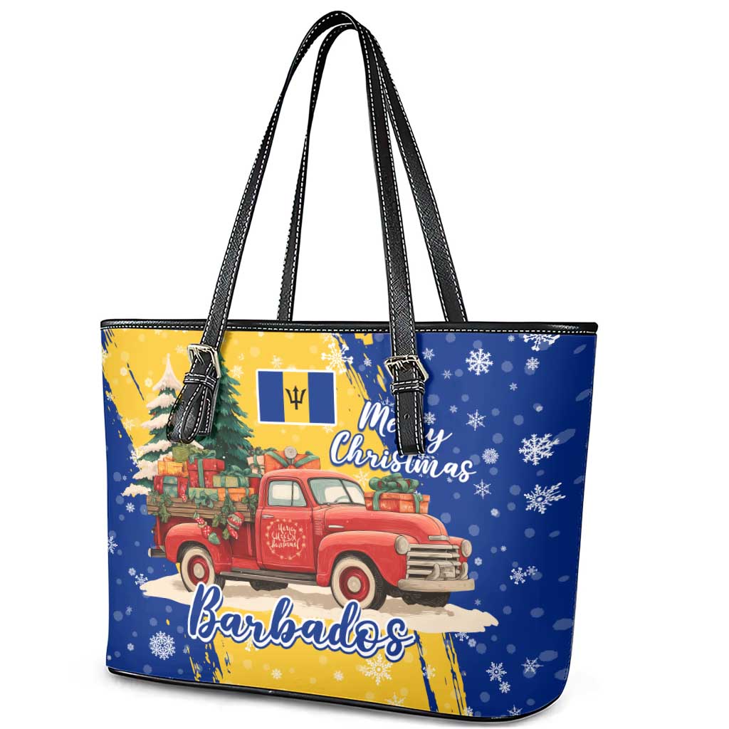 Barbados Christmas Leather Tote Bag with Blue Yellow Xmas Snowflakes Red Truck and Coat of Arms - Wonder Print Shop