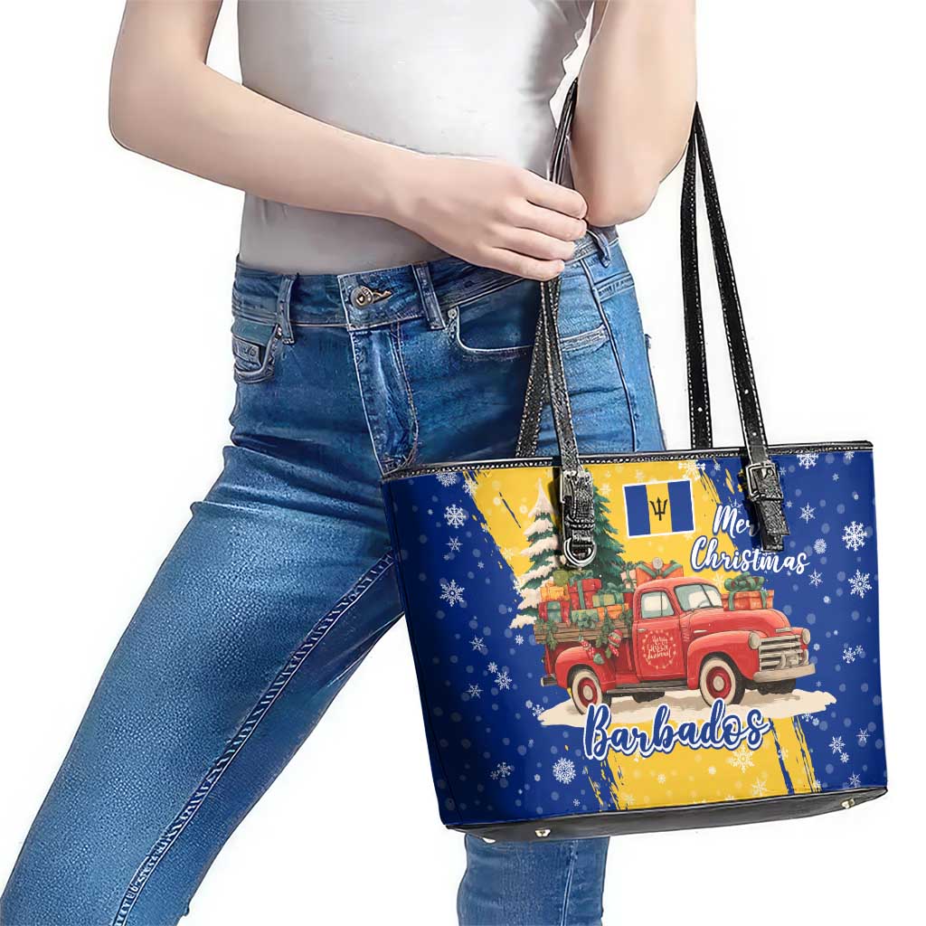 Barbados Christmas Leather Tote Bag with Blue Yellow Xmas Snowflakes Red Truck and Coat of Arms - Wonder Print Shop