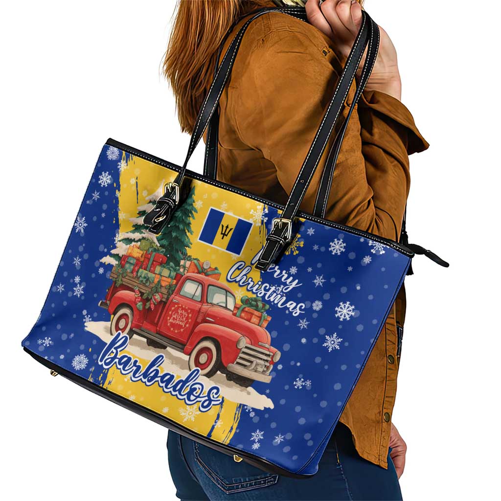 Barbados Christmas Leather Tote Bag with Blue Yellow Xmas Snowflakes Red Truck and Coat of Arms - Wonder Print Shop