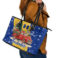 Barbados Christmas Leather Tote Bag with Blue Yellow Xmas Snowflakes Red Truck and Coat of Arms - Wonder Print Shop