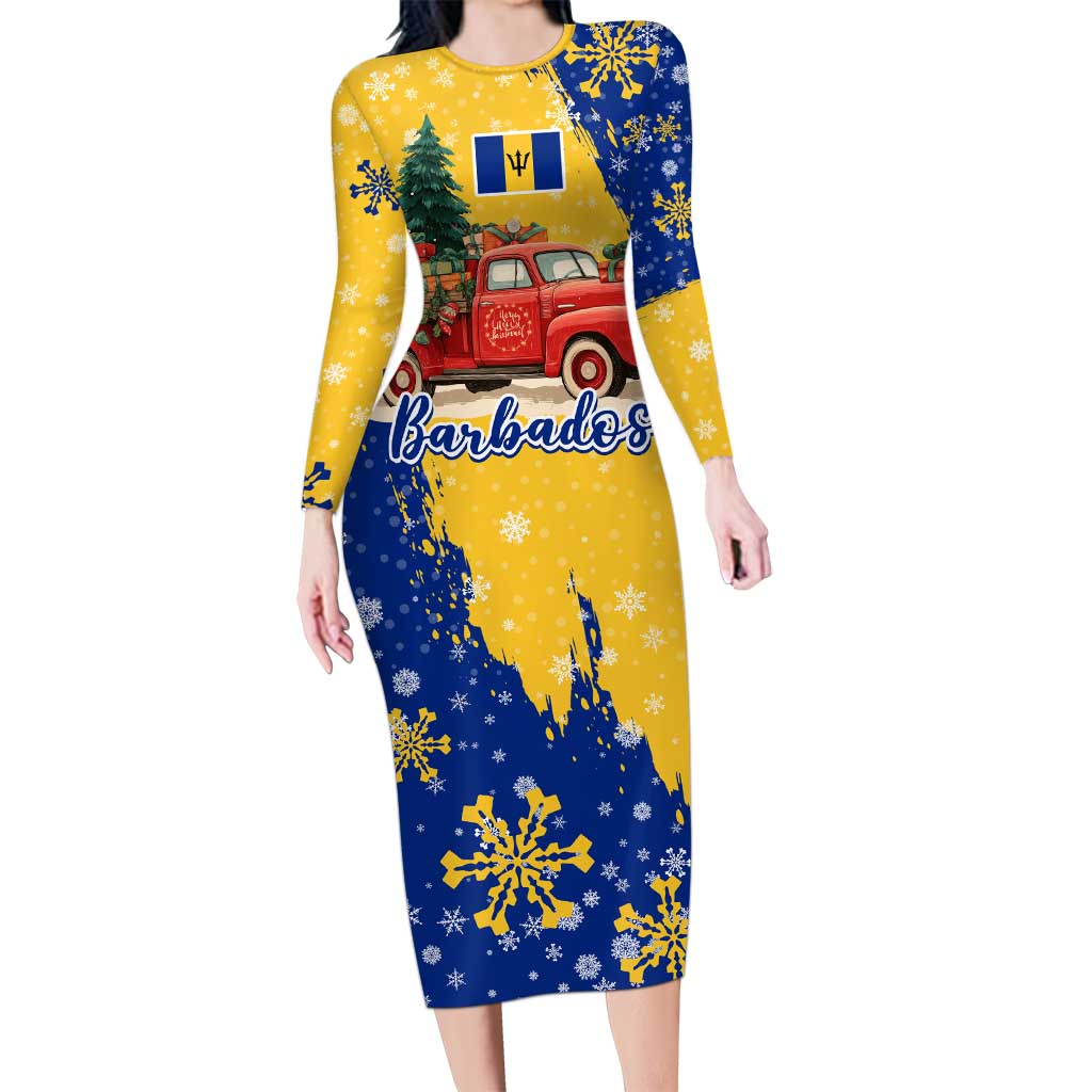 Barbados Christmas Long Sleeve Bodycon Dress with Blue Yellow Xmas Snowflakes Red Truck and Coat of Arms - Wonder Print Shop