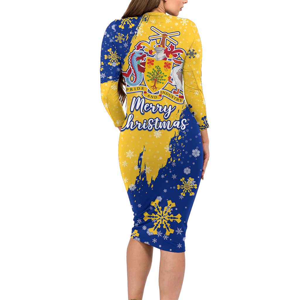Barbados Christmas Long Sleeve Bodycon Dress with Blue Yellow Xmas Snowflakes Red Truck and Coat of Arms - Wonder Print Shop