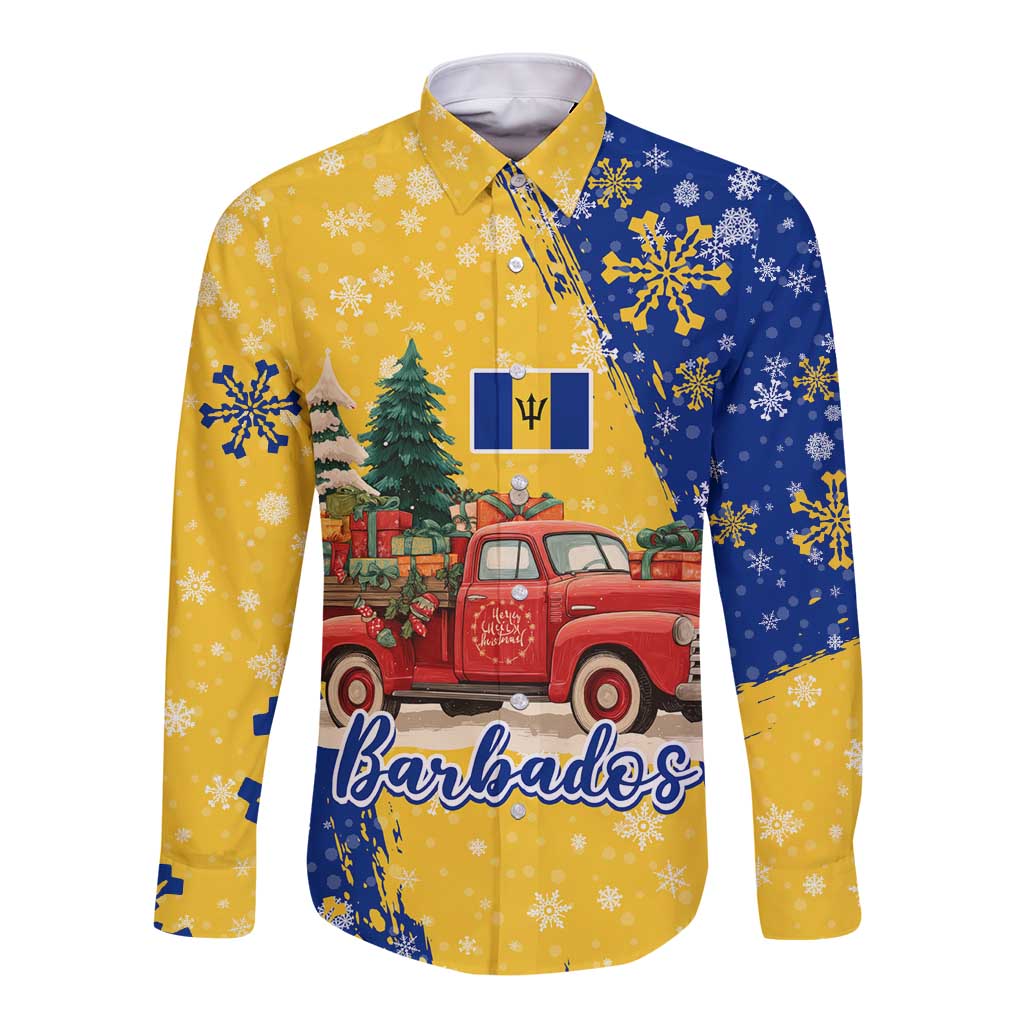 Barbados Christmas Long Sleeve Button Shirt with Blue Yellow Xmas Snowflakes Red Truck and Coat of Arms - Wonder Print Shop