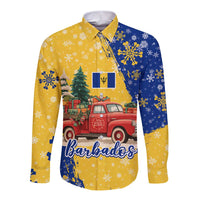 Barbados Christmas Long Sleeve Button Shirt with Blue Yellow Xmas Snowflakes Red Truck and Coat of Arms - Wonder Print Shop