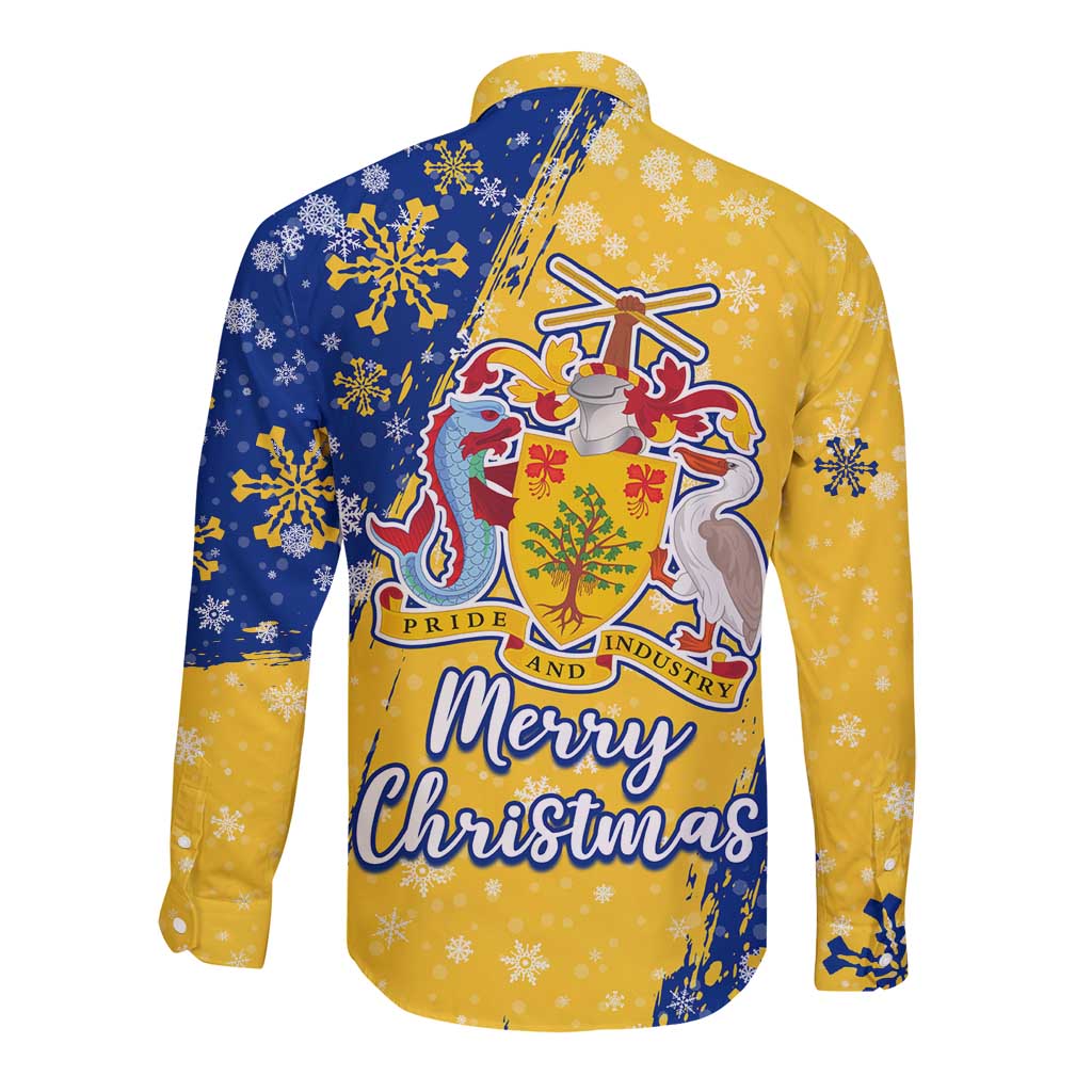 Barbados Christmas Long Sleeve Button Shirt with Blue Yellow Xmas Snowflakes Red Truck and Coat of Arms - Wonder Print Shop