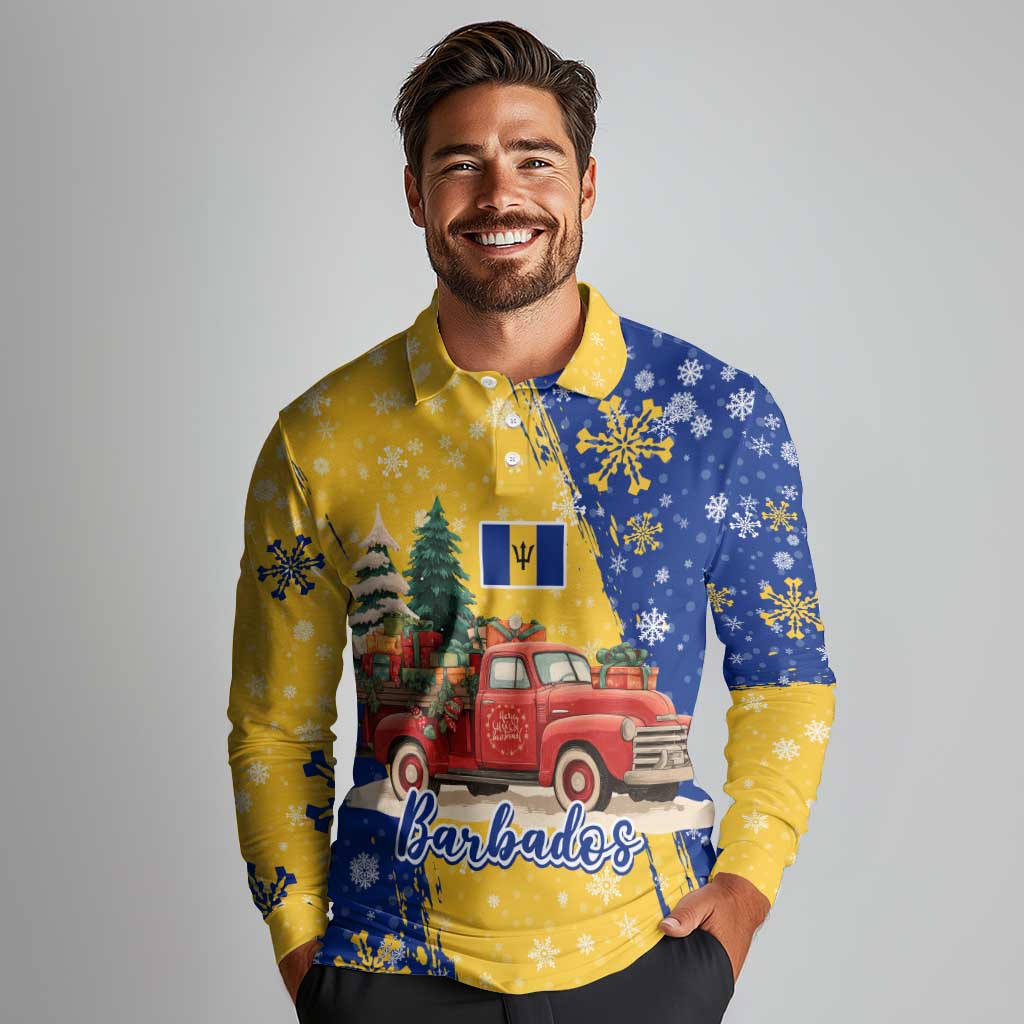 Barbados Christmas Long Sleeve Polo Shirt with Blue Yellow Xmas Snowflakes Red Truck and Coat of Arms - Wonder Print Shop